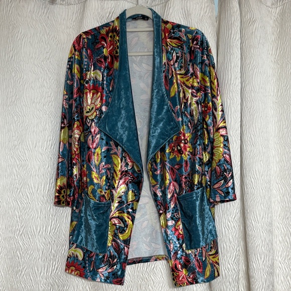 Lily by Firmiana Vibrant Floral Open Front  Velvet Blazer- Size Medium - Picture 1 of 10